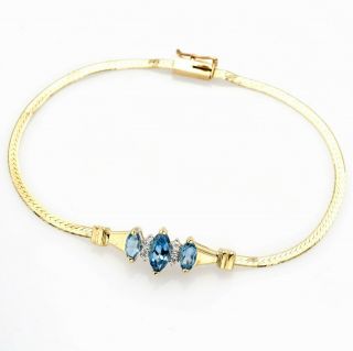Vintage 14k Yellow Gold 1.  01 Tcw Blue Topaz & Diamond Chain Bracelet 3.  9 Grams