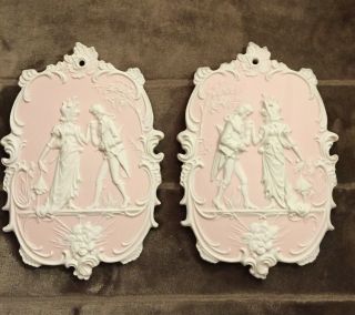 Vintage Arnart Japan Jasperware Wall Plaques,  Pair,  Pink And White,