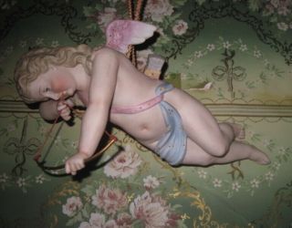 Spectacular Rare Large Size Antique German Bisque Swinger Angel Figurine