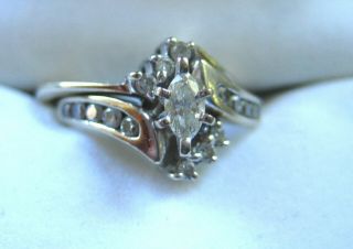 Vintage 14k White Gold Wedding Ring Set: Marquis Diamond,  16 Pts,  Sz 4.  75,  4.  8g