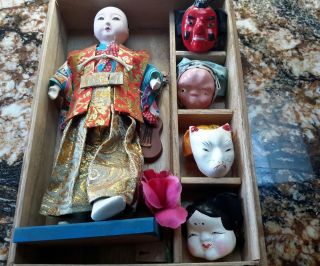 Vintage Possibly Antique Old Asian Chinese Or Japanese Doll Man With Masks