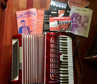 Vintage Accordion With Case,  Made In Italy 487 Red With Case And Sheet Music