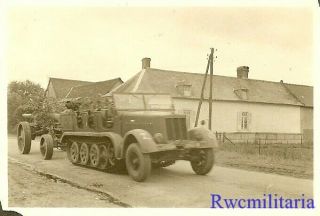 Terrific Wehrmacht Sdkfz Halftrack Towing 15cm Artillery Gun Down Roadway