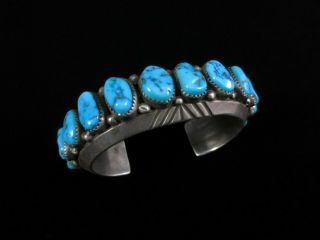 Vintage Navajo Row Bracelet - Heavy Sterling Silver And Turquoise