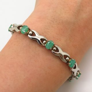 925 Sterling Silver Vintage Real Emerald Gemstone Xo Link Bracelet 7 "