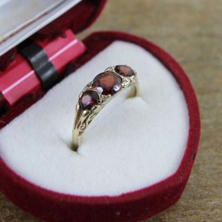 Vintage Solid 9ct 9 Ct 9k Gold 3 Stone Garnet Diamond Trilogy Ring Band Size P