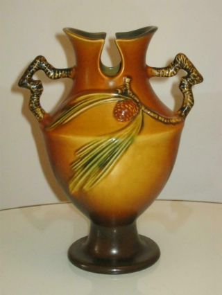 Stunning Vintage American Roseville Pottery Pine Cone With Branch Handled Vase