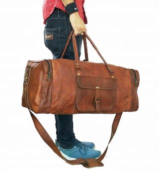 24 Inch Large Vintage Men Real Leather Luggage Bag Travel Bag Duffel Gym Bag