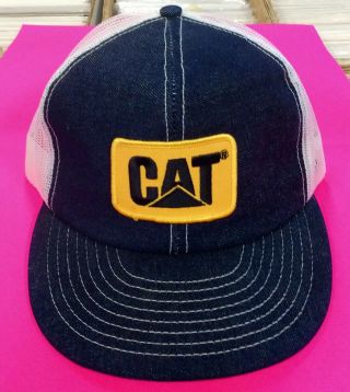 Vintage Cat Caterpillar Patch Denim Mesh Snapback Trucker Hat Cap U.  S.  A.