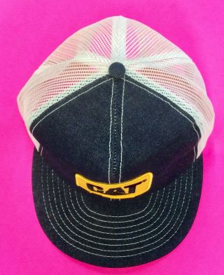 Vintage CAT Caterpillar Patch Denim Mesh Snapback Trucker Hat Cap U.  S.  A. 2