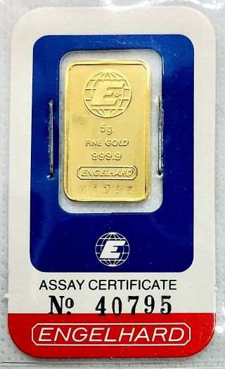 Engelhard 5 Gram Gold Bar Assay Card.  9999 Rare Vintage Collectors Ingot