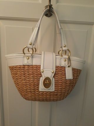 Vintage Coach Leather Natural Straw Woven Basket Tote " White " M0668 - 10728