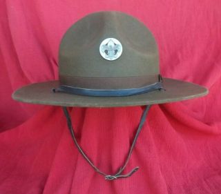 Vintage Campaign Olive Drab Wool Felt Scout Hat W/large Scout Pin Size 7 3/8 - Nr