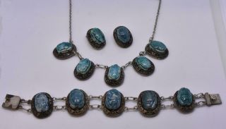 Art Deco Egyptian Revival Glazed Ceramic Scarab Necklace,  Bracelet,  Earrings