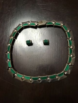 Mexican Sterling Malachite Necklace & Earrings Set 950
