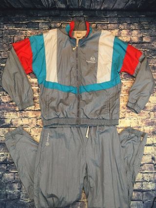 Sergio Tacchini Vintage 1980s Grey Teal Color Block Lined Track Suit Large 42
