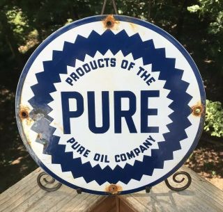 Vintage " Pure Oil Company Products " 11 3/4 " Porcelain Metal Gasoline & Oils Sign