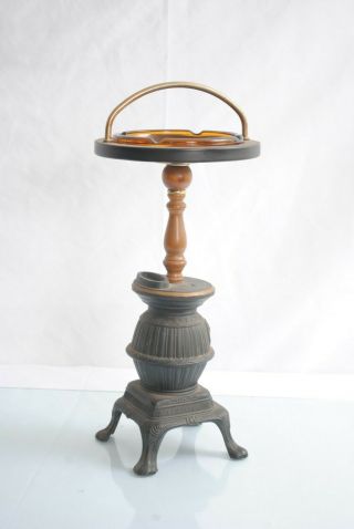 Vintage Mid Century Floor Cast Iron Ashtray Cigar Stand W Amber Glass Tray