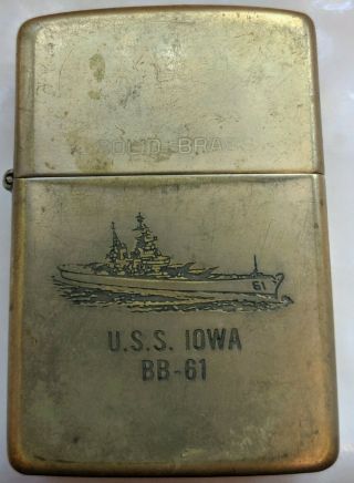 Zippo Lighter Uss Iowa Bb - 61 Solid Brass 1932 - 1989 Vintage