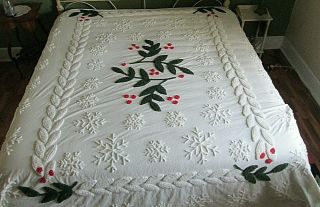 Vintage Chenille Bedspread Snowflakes & Holly - Very Unique