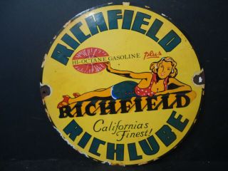 Vintage Richfield Richlube Hi Octane Gasoline Porcelain Gas Pump Sign