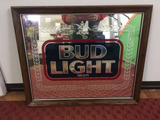 Bud Light Beer Vintage Mirrored Sign 1989 Version 21.  5 X 18 Wood Frame