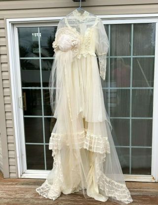 Vintage Ivory Lace & Satin Sequence Wedding Dress And Hat With Veil Train Sz S/m