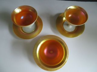 Vtg 1920 ' s Steuben Art Glass Calcite Gold Aurene Sherbets & Underplates w Label 2