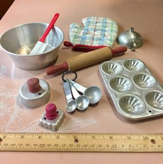 11 Pc Vintage Child Size Tin Bake Dishes Utensil Cookie Cutter Mitt Rolling Pin