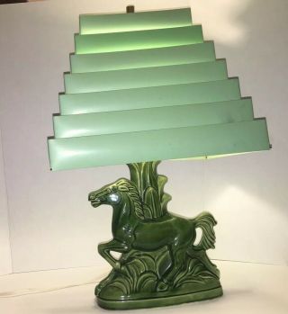 Vintage 1970’s Green Ceramic Horse Table Lamp With Venetian Blind Lampshade