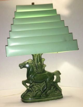 Vintage 1970’s Green Ceramic Horse Table Lamp With Venetian Blind Lampshade 2