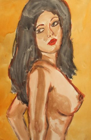 Vintage Impressionist Watercolor Painting Nude Female Portrait