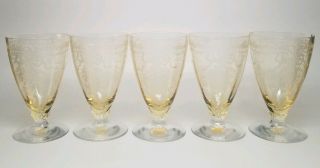 Set Of 5 - Fostoria June Topaz Yellow Parfait 5.  25 " Elegant Etched Vintage Glass