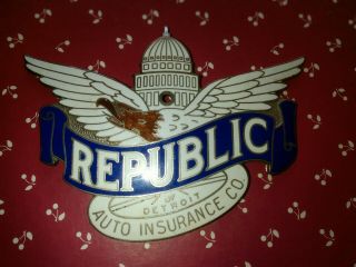 Vintage Republic Of Detroit Auto Insuance Automobile Car Badge Radiator Emblem