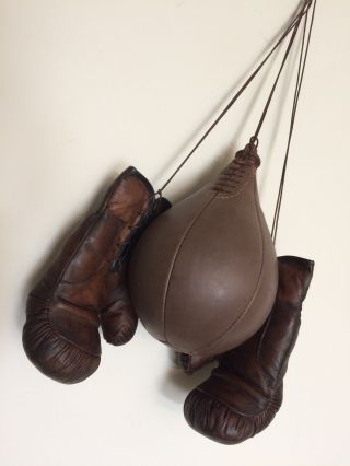 Geoffrey | Vintage Brown Leather Boxing Gloves 12 Oz & Punch Ball Size 5 - Retro