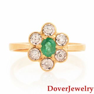 Estate Diamond Emerald 18k Yellow Gold Floral Ring Nr
