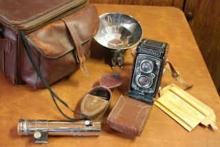 Vintage German Rolleiflex Camera With Accessories