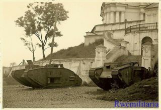 Awesome German Soldier View Pair Ww1 Era Panzer Tanks By Church; Russia