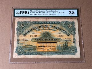 1924 Timor / Macao Macau Portugal Macau Bnu $5 Patacas,  Pmg25,  Vf,  Rare