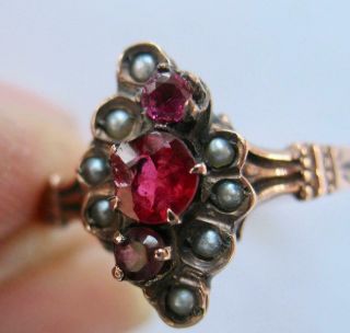 Antique Victorian 10k Rose Gold Seed Pearl 3 Red Stone Ring Size 7.  5