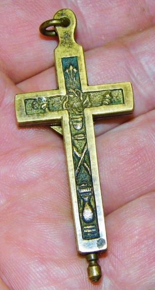 Fine Antique Reliquary Crucifix Brass Cross St.  Denis Rose Relic Passion Christ 2