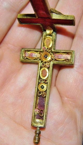 Fine Antique Reliquary Crucifix Brass Cross St.  Denis Rose Relic Passion Christ 3