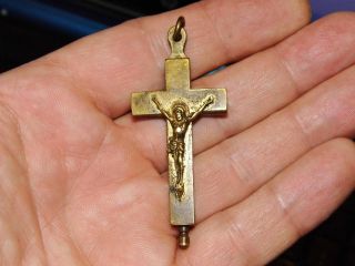 Fine Antique Reliquary Crucifix Brass Cross St.  Denis Rose Relic Passion Christ 6