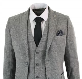 Mens Grey 3 Piece Check Suit Prince Of Wales Wool Tailored Fit Classic Vintage