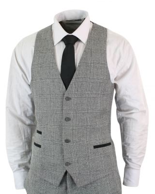 Mens Grey 3 Piece Check Suit Prince Of Wales Wool Tailored Fit Classic Vintage 2