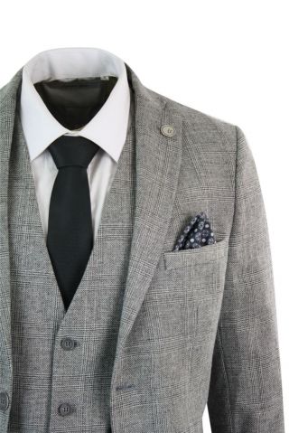 Mens Grey 3 Piece Check Suit Prince Of Wales Wool Tailored Fit Classic Vintage 3