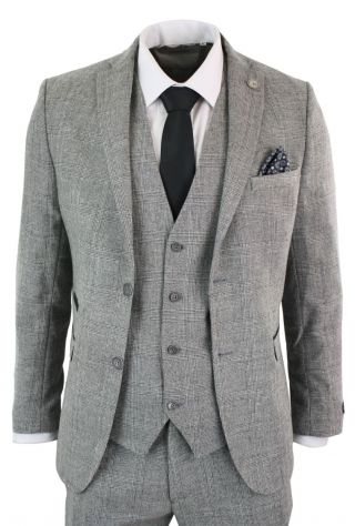 Mens Grey 3 Piece Check Suit Prince Of Wales Wool Tailored Fit Classic Vintage 4