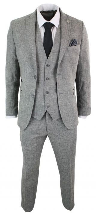 Mens Grey 3 Piece Check Suit Prince Of Wales Wool Tailored Fit Classic Vintage 5