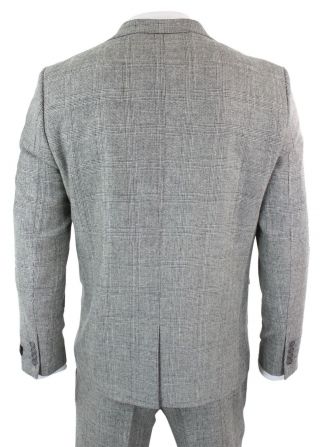 Mens Grey 3 Piece Check Suit Prince Of Wales Wool Tailored Fit Classic Vintage 6