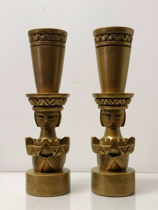 Vintage Wooden Carved Inca Gold Candle Sticks,  10 " X2.  5 " X2.  5 ",  Collector